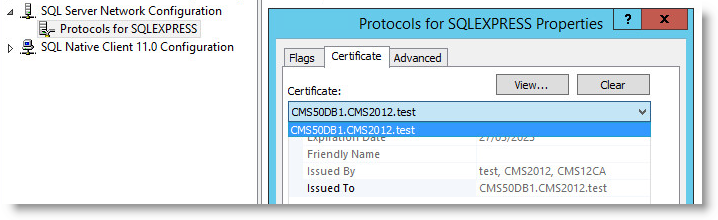 Protocols for SQLEXPRESS selected in expanded SQL Server Network Configuration node and certificate set on the Certificates tab in its Properties